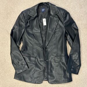 Black Leather Blazer with Notched Lapel and Relaxed Fit